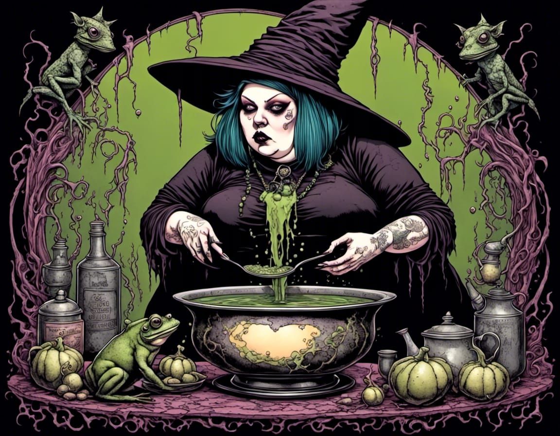 witch making frog soup