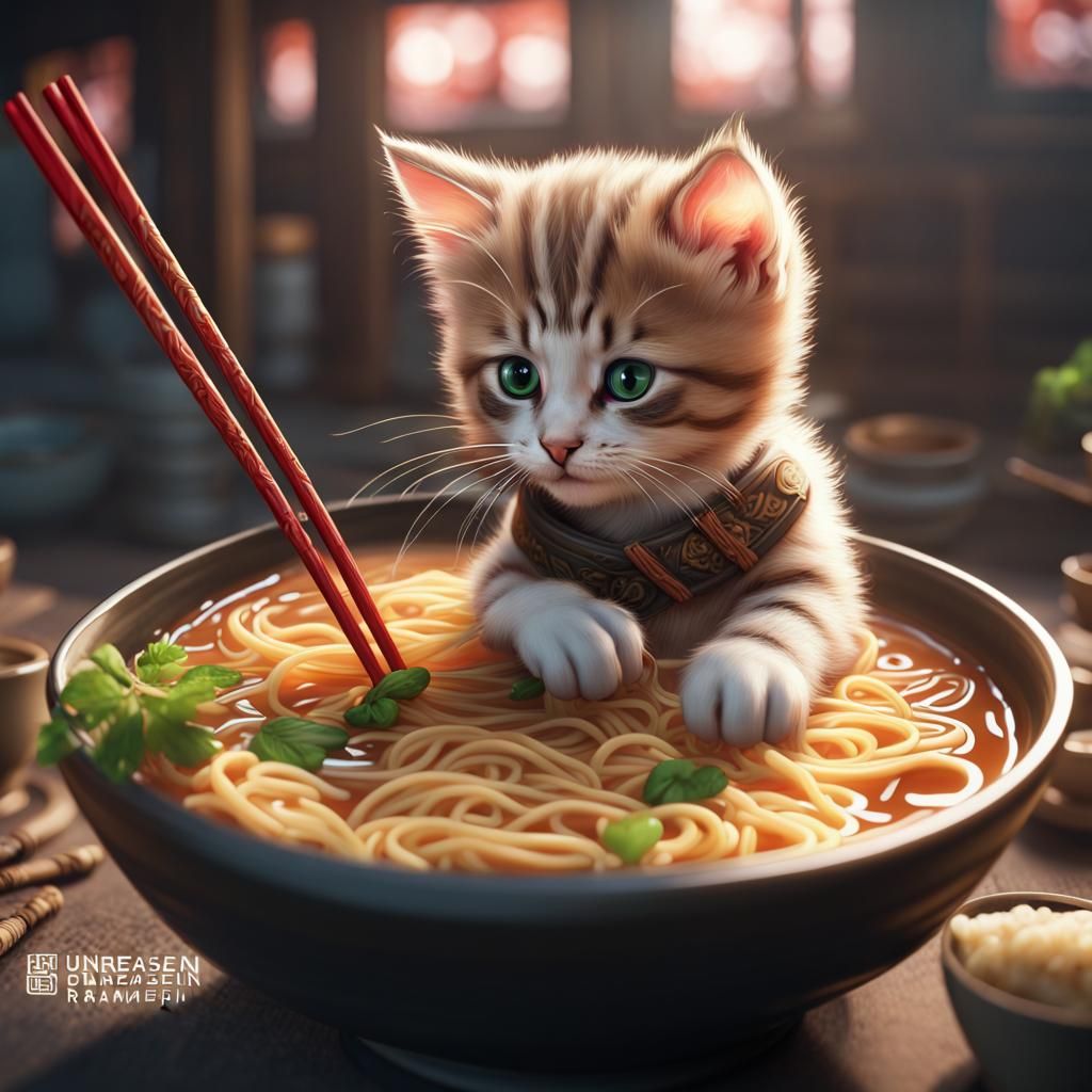 Kitten Eating Ramen: Detailed Matte Painting