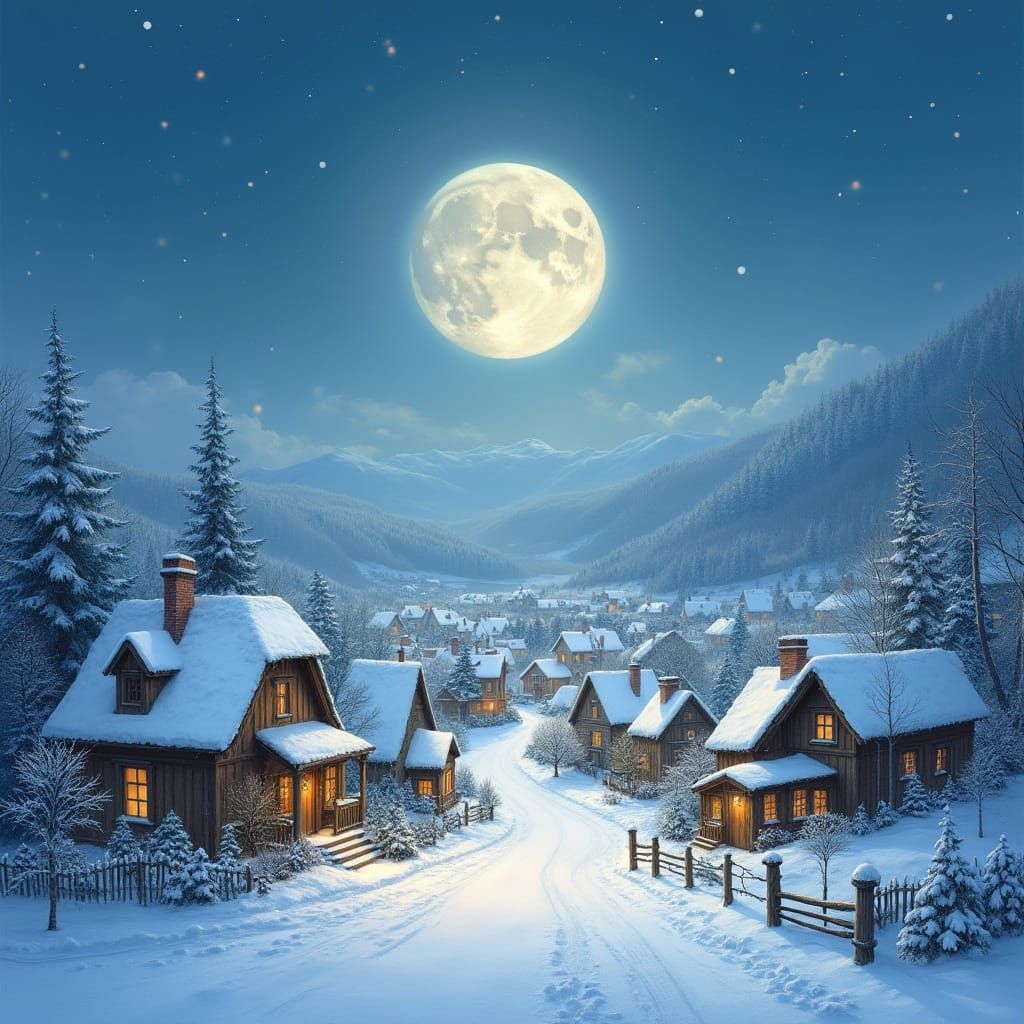Snowy Village Under a Radiant Full Moon