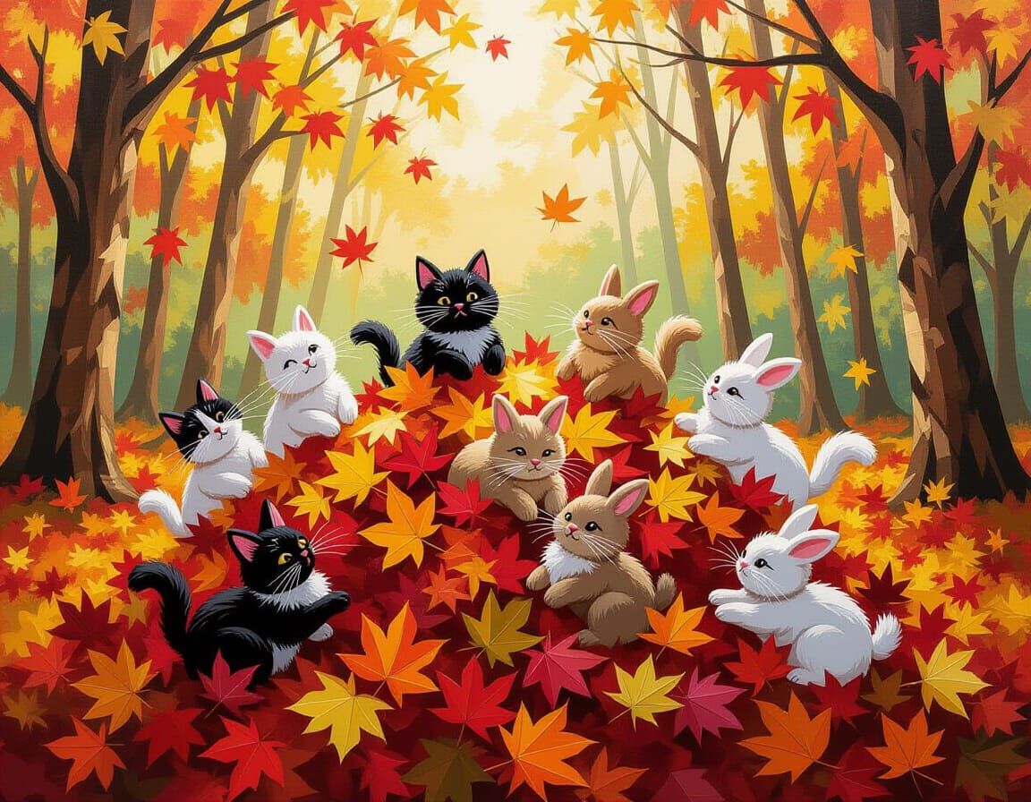 Fluffy Cats and Bunnies Tumble in Autumn Leaves