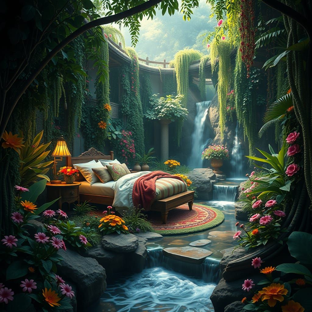 Mystical Waterfall Bedroom in Lush Garden