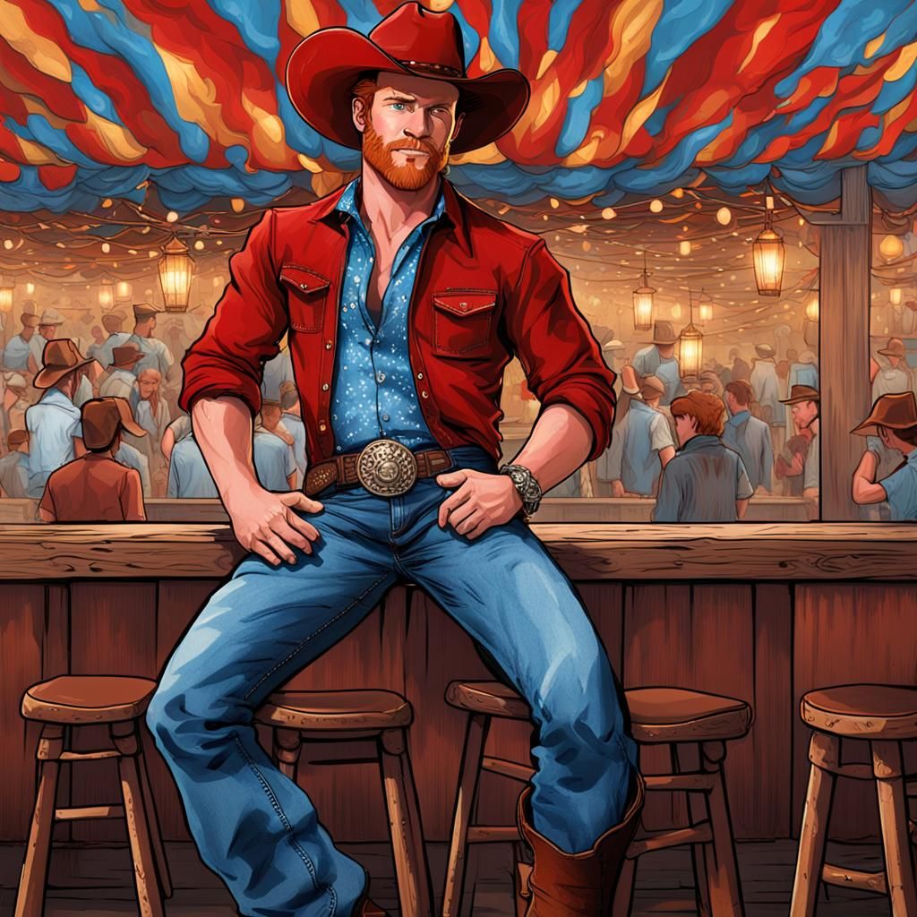 Red-Haired Cowboy Commands Dance Floor, Digital Art