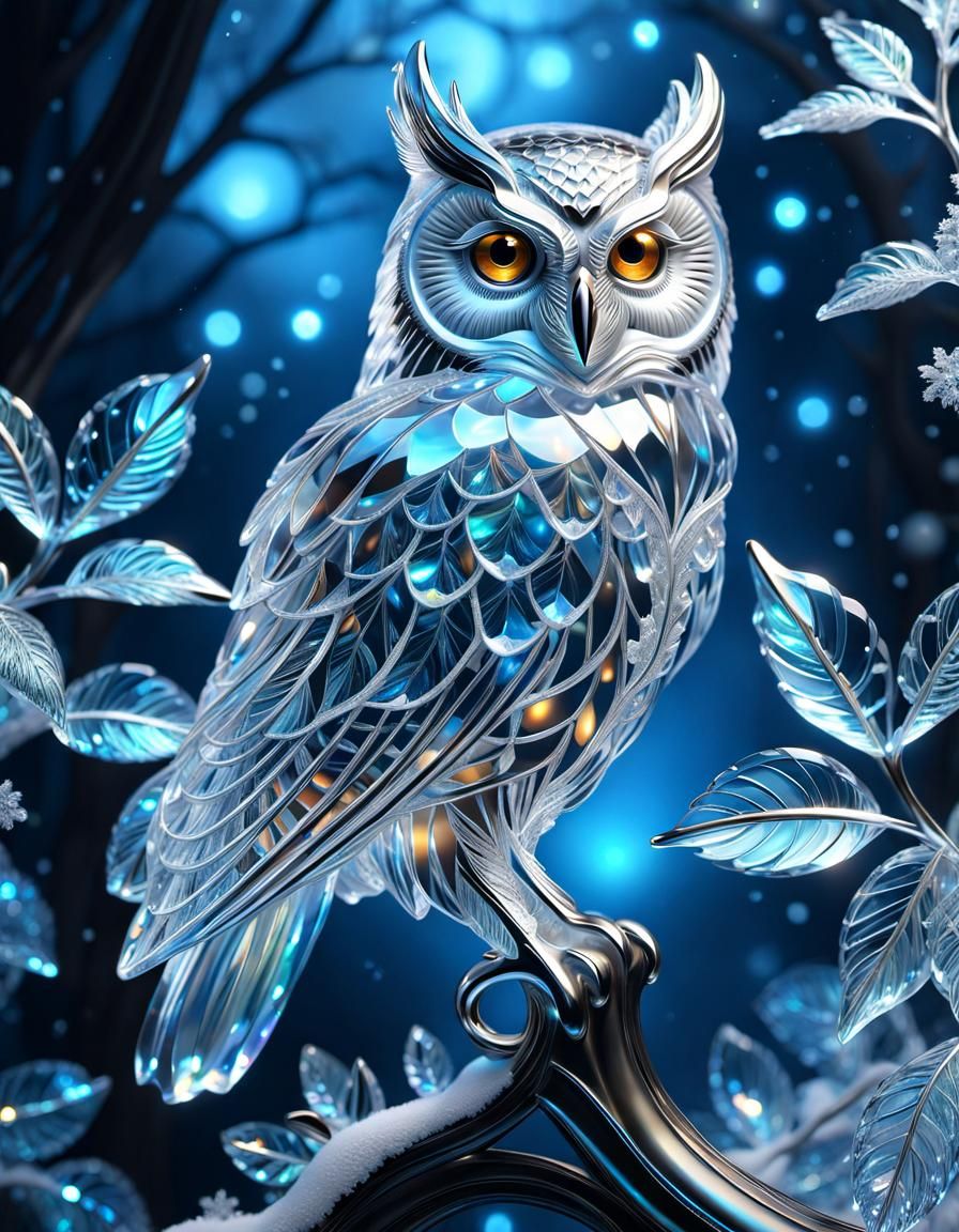 Luminous Crystal Owl Sculpture on Snowy Branch