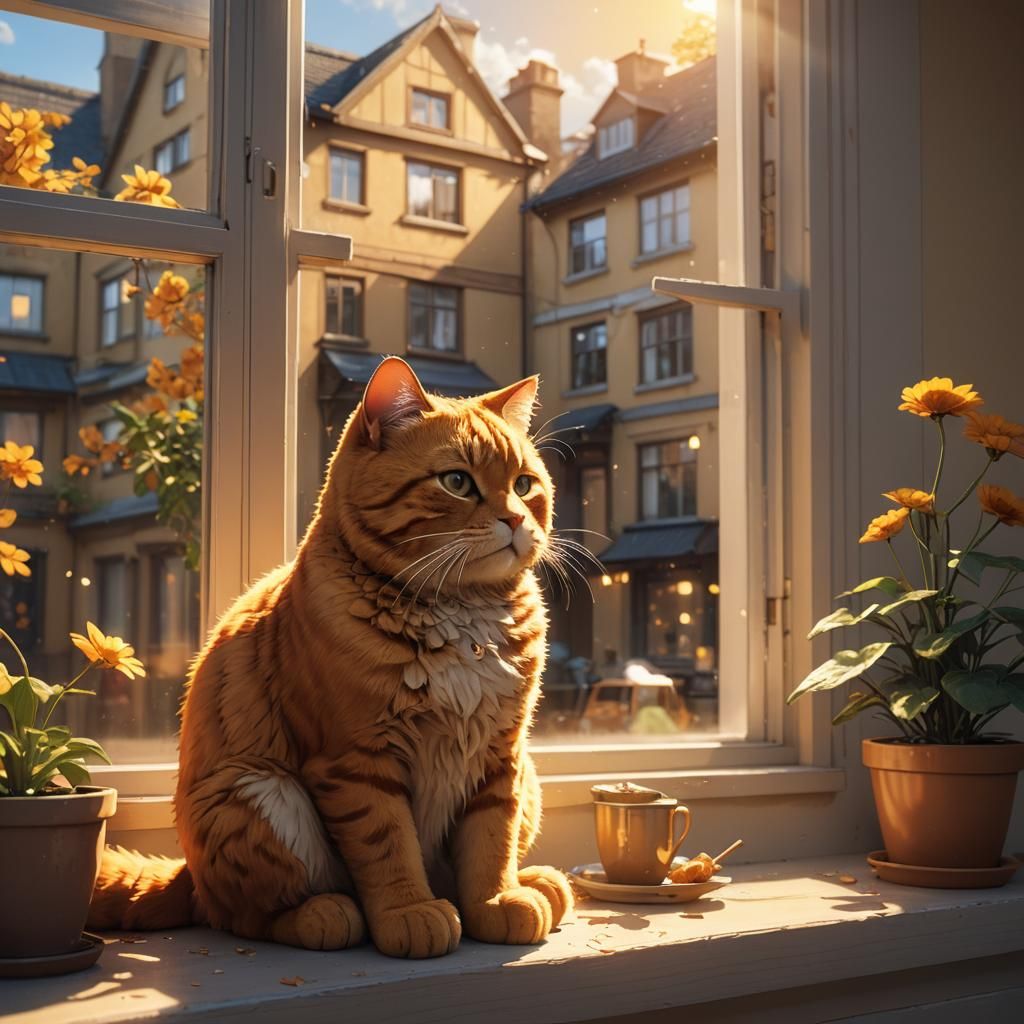 Garfield on Windowsill: Anime 3D Character Art