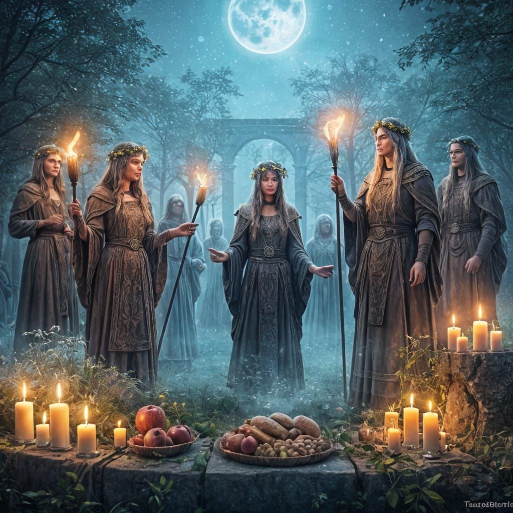 Celtic Druids Harvest Ceremony in Misty Stone Circle