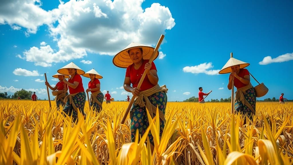 Women in Traditional Sarongs Harvest Golden Crops in a Sun-D...