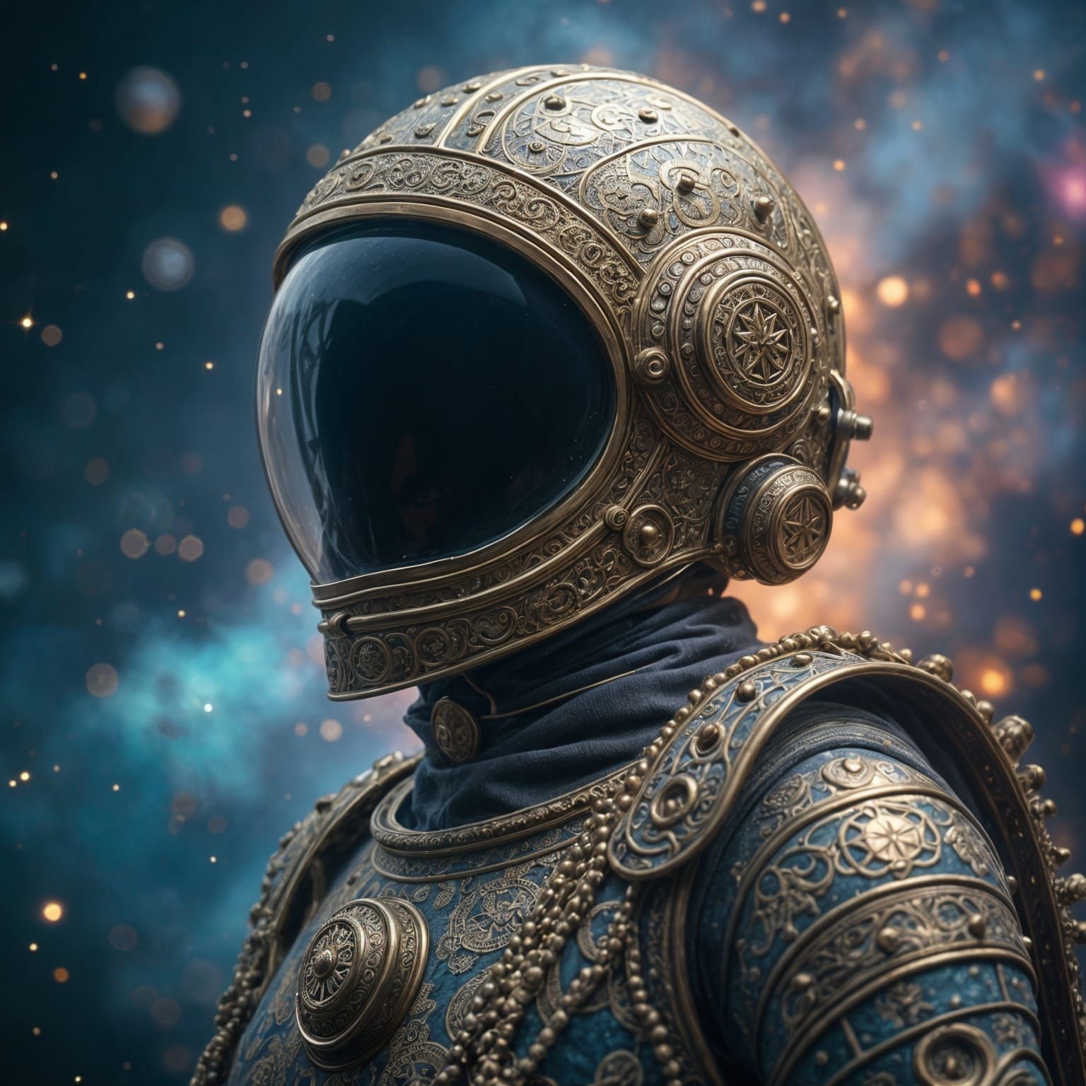 Astronaut in Ornate Brass Helmet Floats in Cosmic Nebula