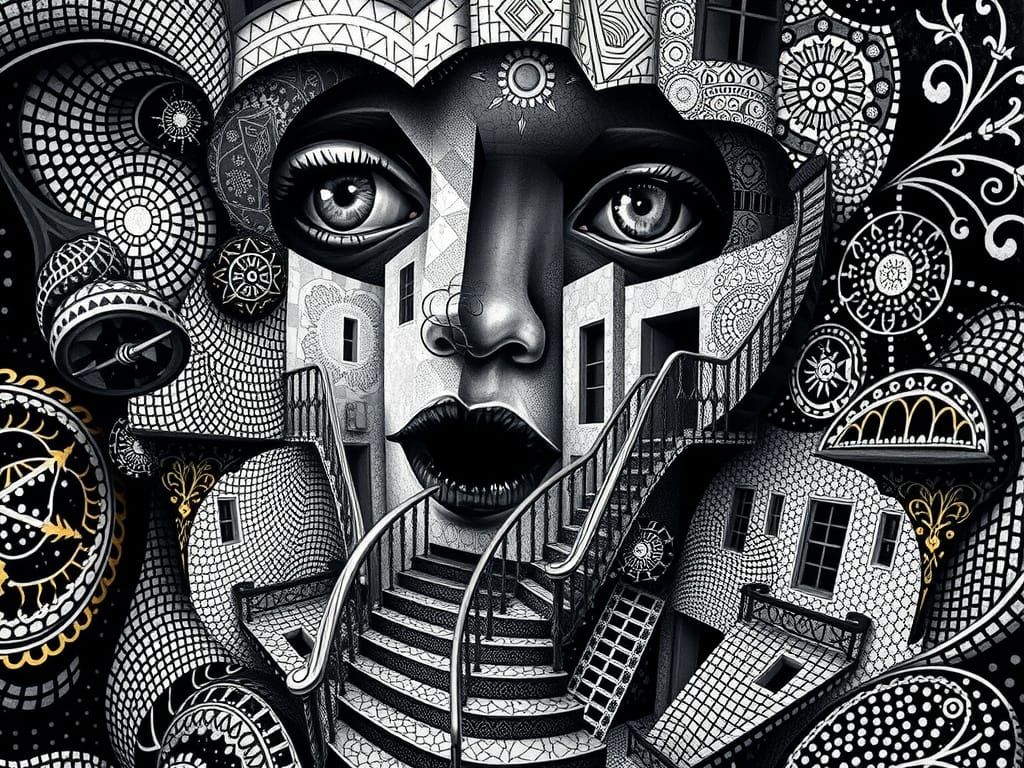 Surrealist Dreamscape of Infinite Staircase and Converging F...