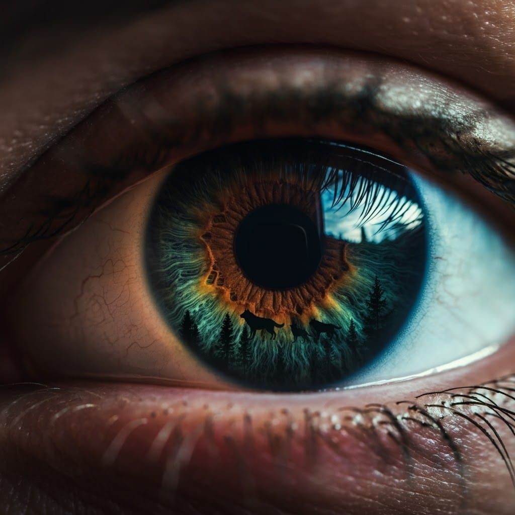 Human Eye Reflecting Wolves in Misty Forest