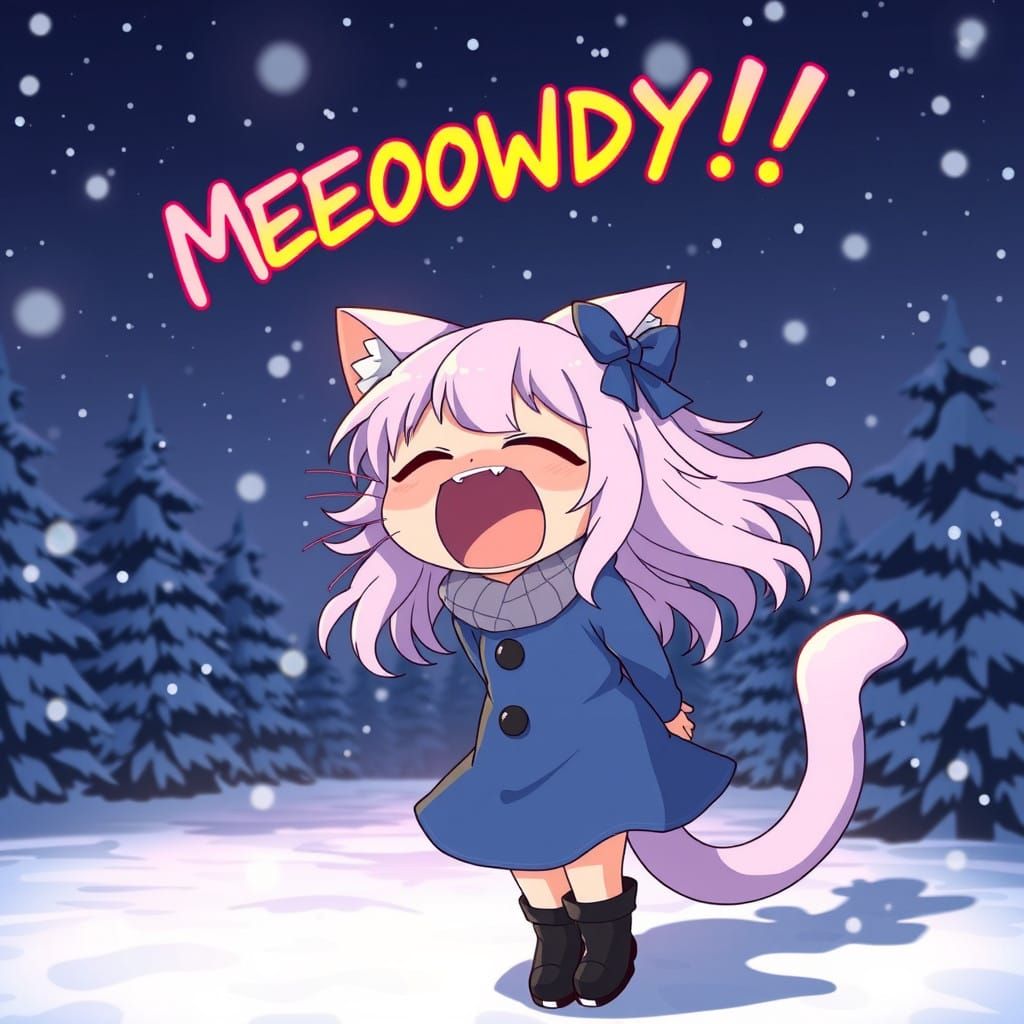 Cute Anime Catgirl Shouts in the Snowy Night