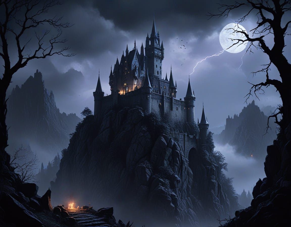 Dark Fantasy Castle on Misty Mountain in Gothic Style