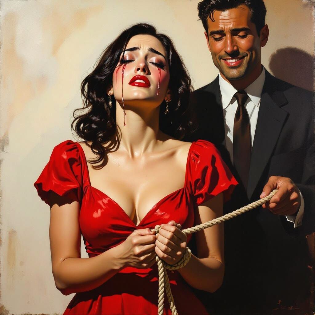 1970s Woman in Red Dress, Hands Tied, Sinister Man in Suit