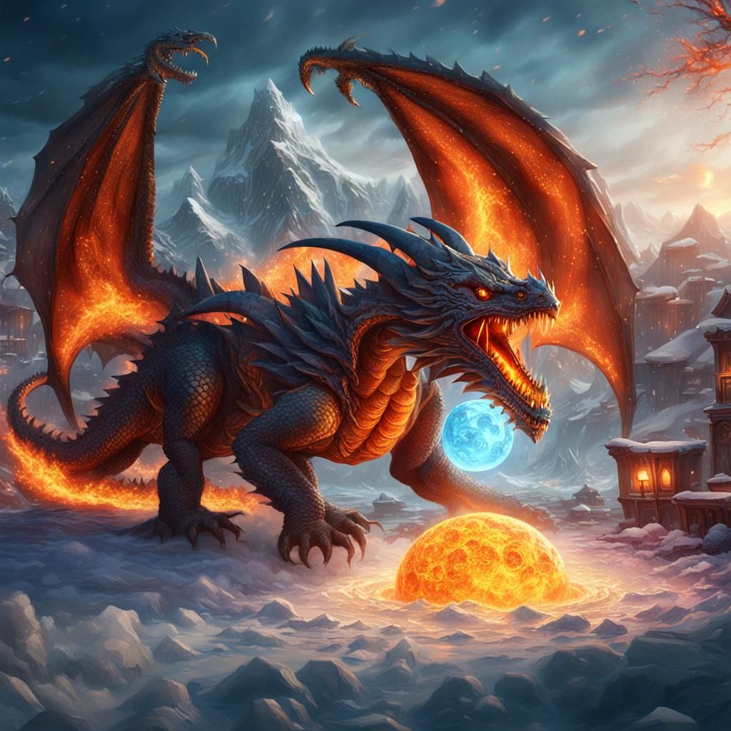 Fiery Dragon with Ice Ball, Detailed Matte Painting
