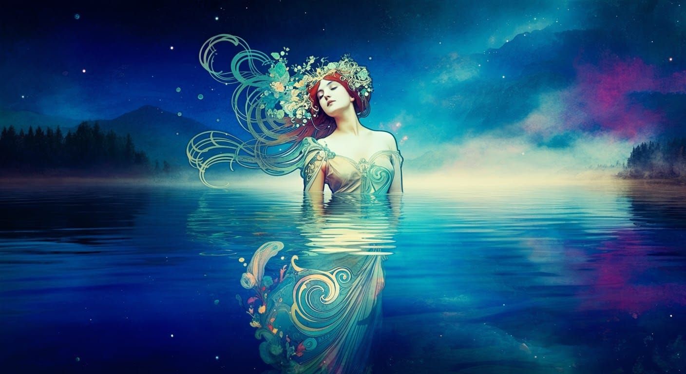 Mystical Lady Emerges from Lake in Art Nouveau Style