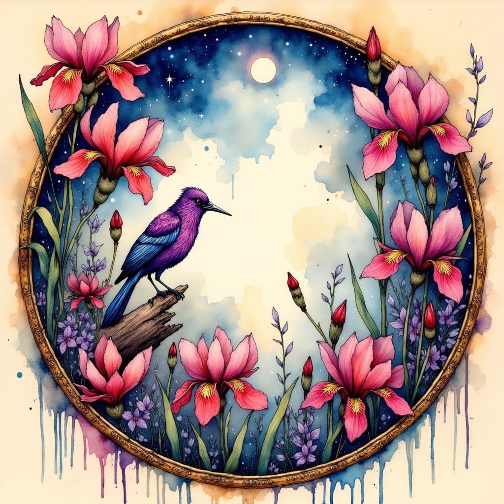 Alcohol Ink Art: Blue Tinted Circular Floral Design with Bir...