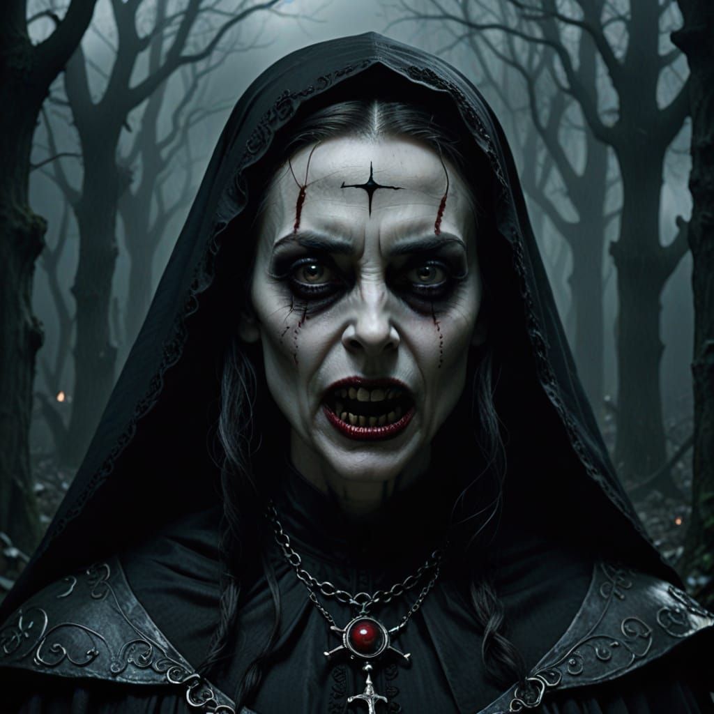 Surreal Gothic Portrait of a Female Vampire Attacking a Nun