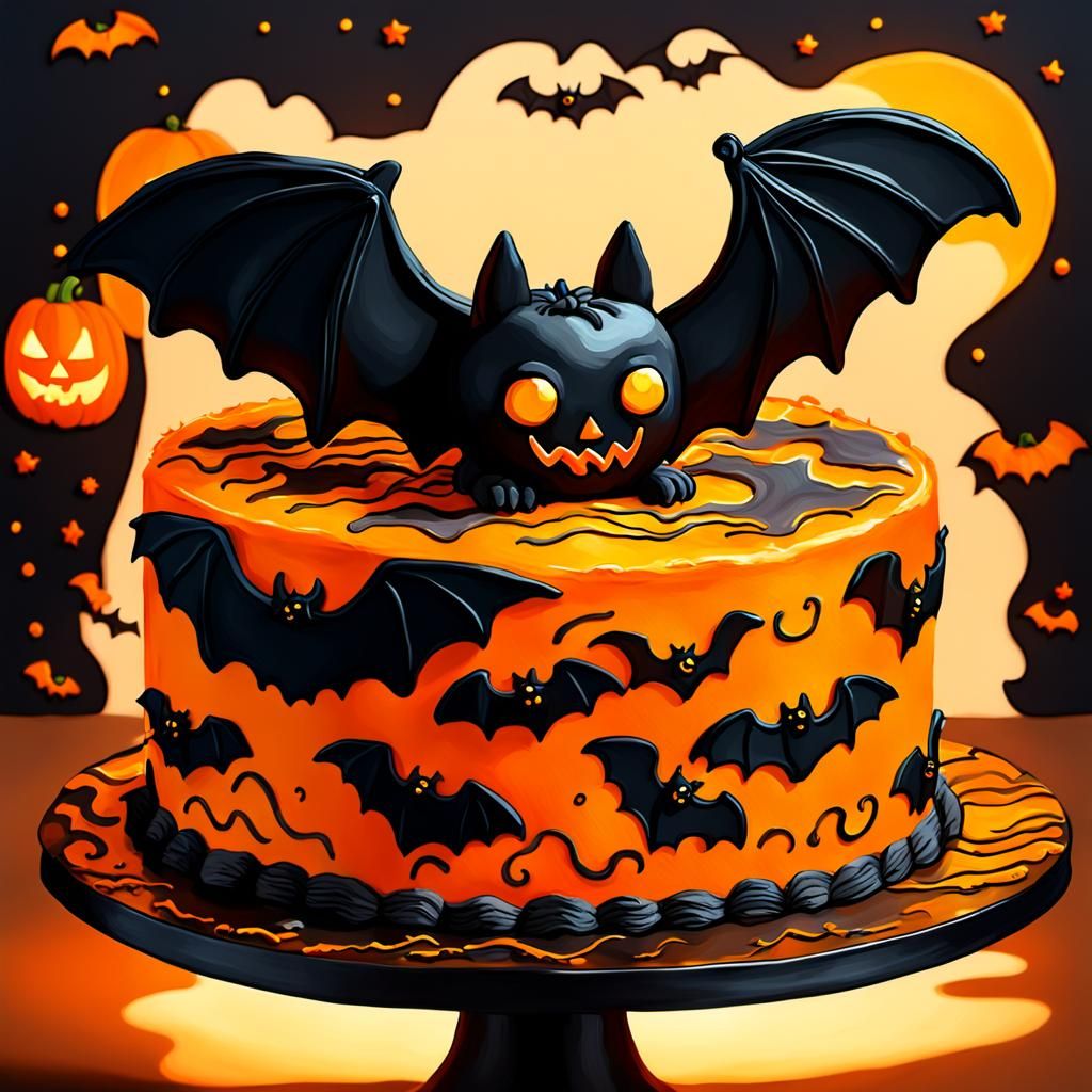 Halloween Bat Cake in Van Gogh Style
