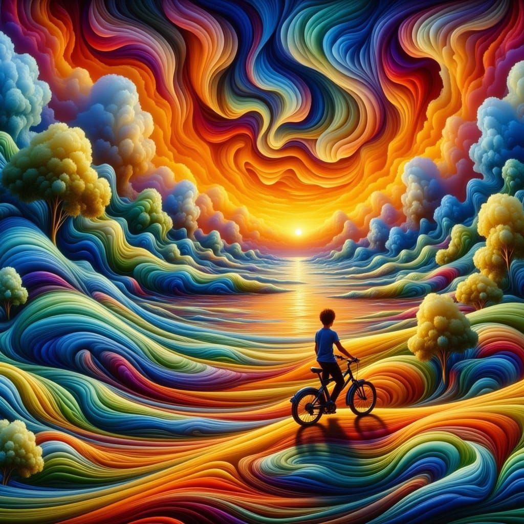 Child on Bicycle at Stormy Sunset: Impasto Painting