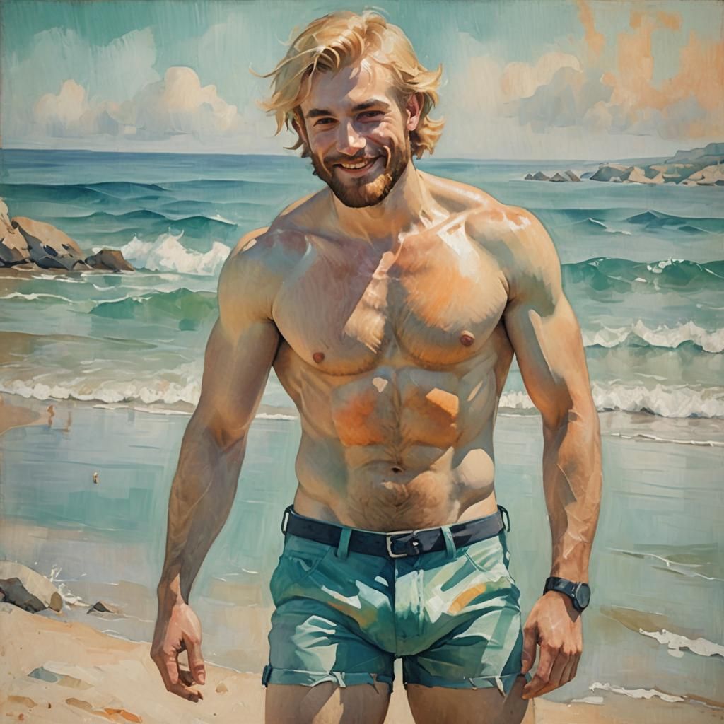Handsome Man at Beach as Cézanne-Style Painting