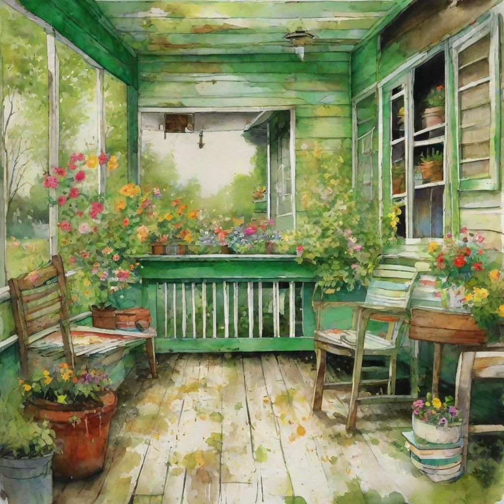 Vintage Cottage Porch with Botanical Drawings