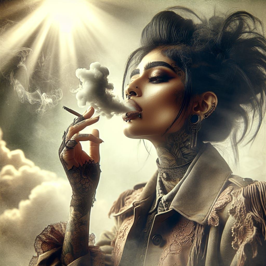 Punk Woman Portrait with Smoke, Romantic Style