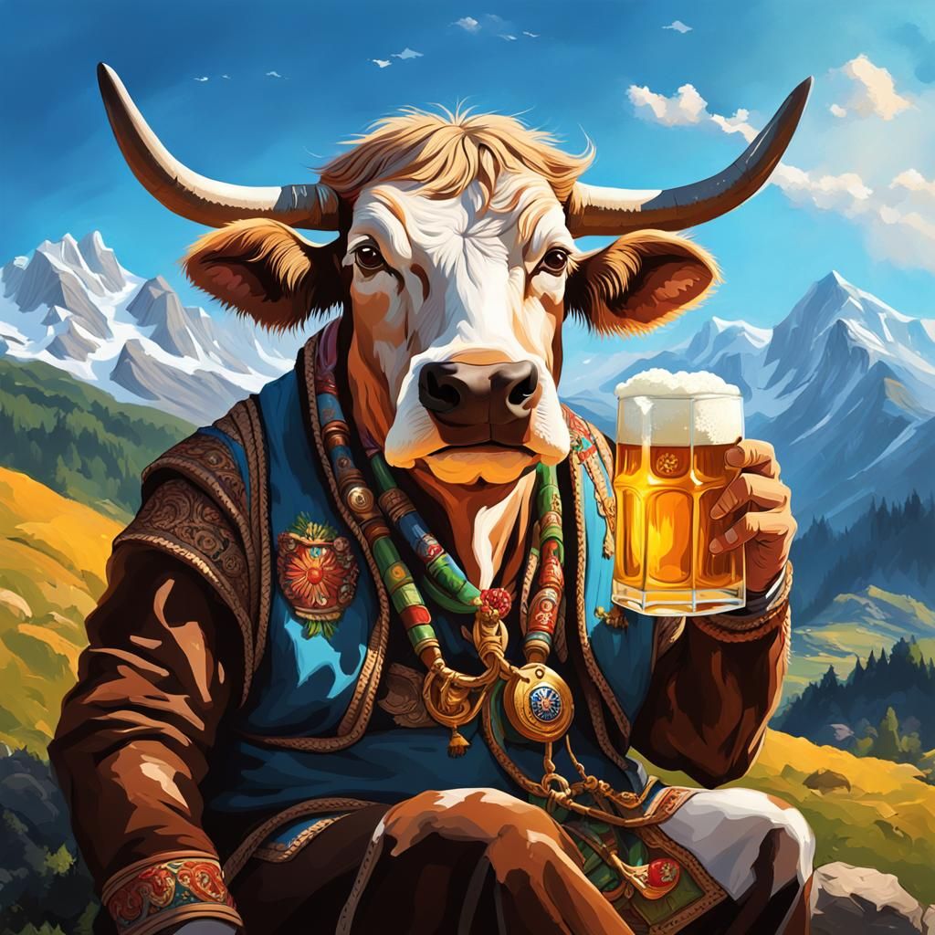 Cow in Bavarian Clothes Drinking Beer