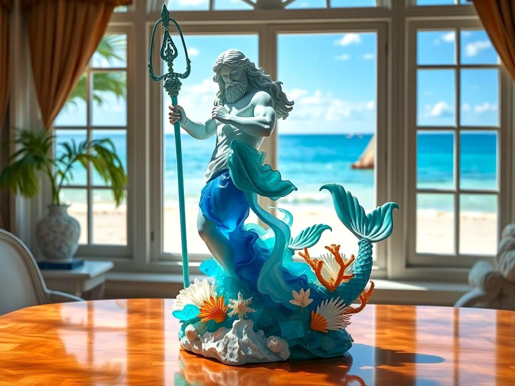 Poseidon Sea Glass Sculpture with Caribbean Beach View