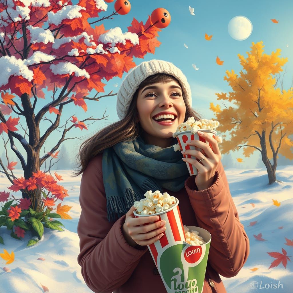 Woman Enjoys Popcorn Through the Seasons: Digital Painting