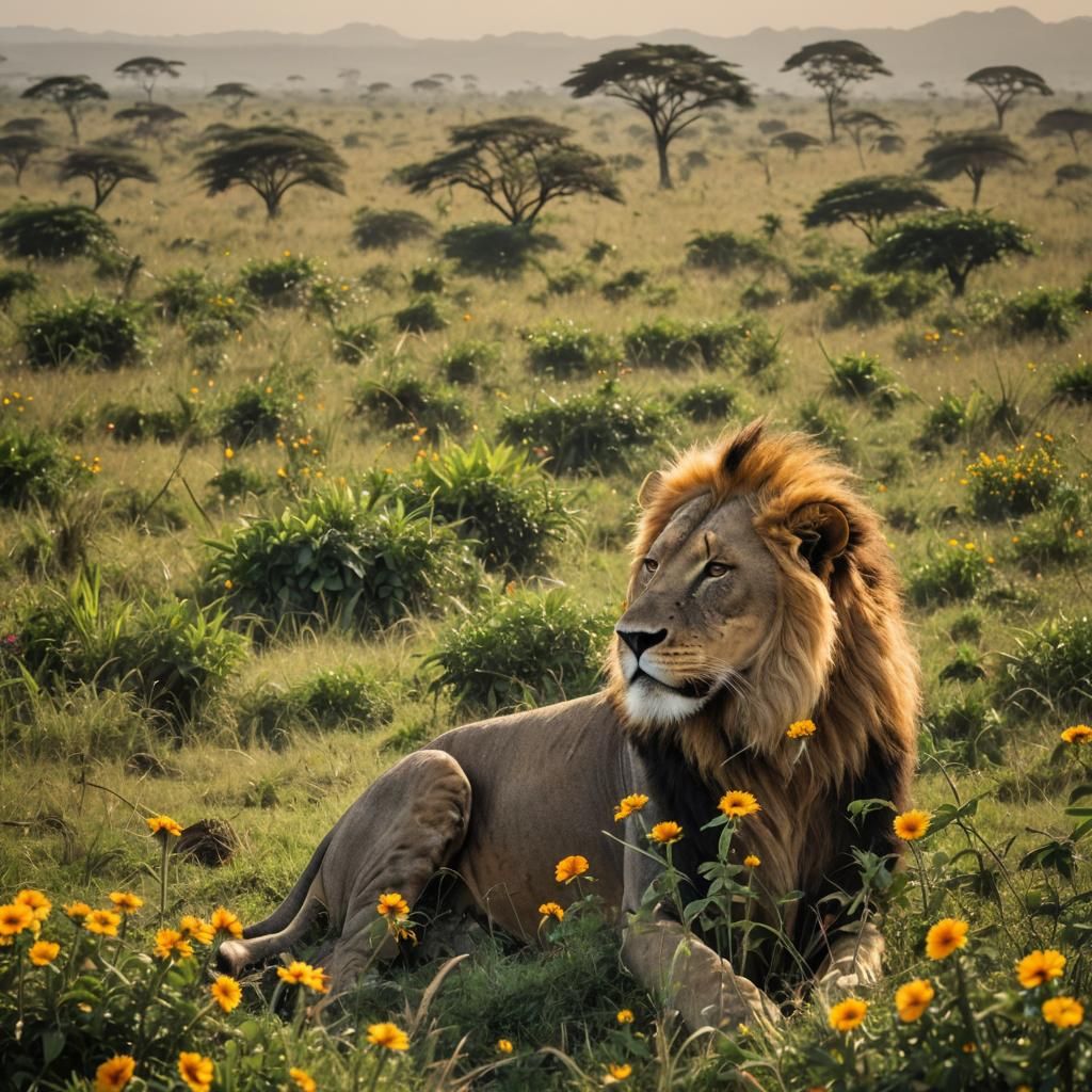 Lion with Floral Mane in a Rainbow Savanna