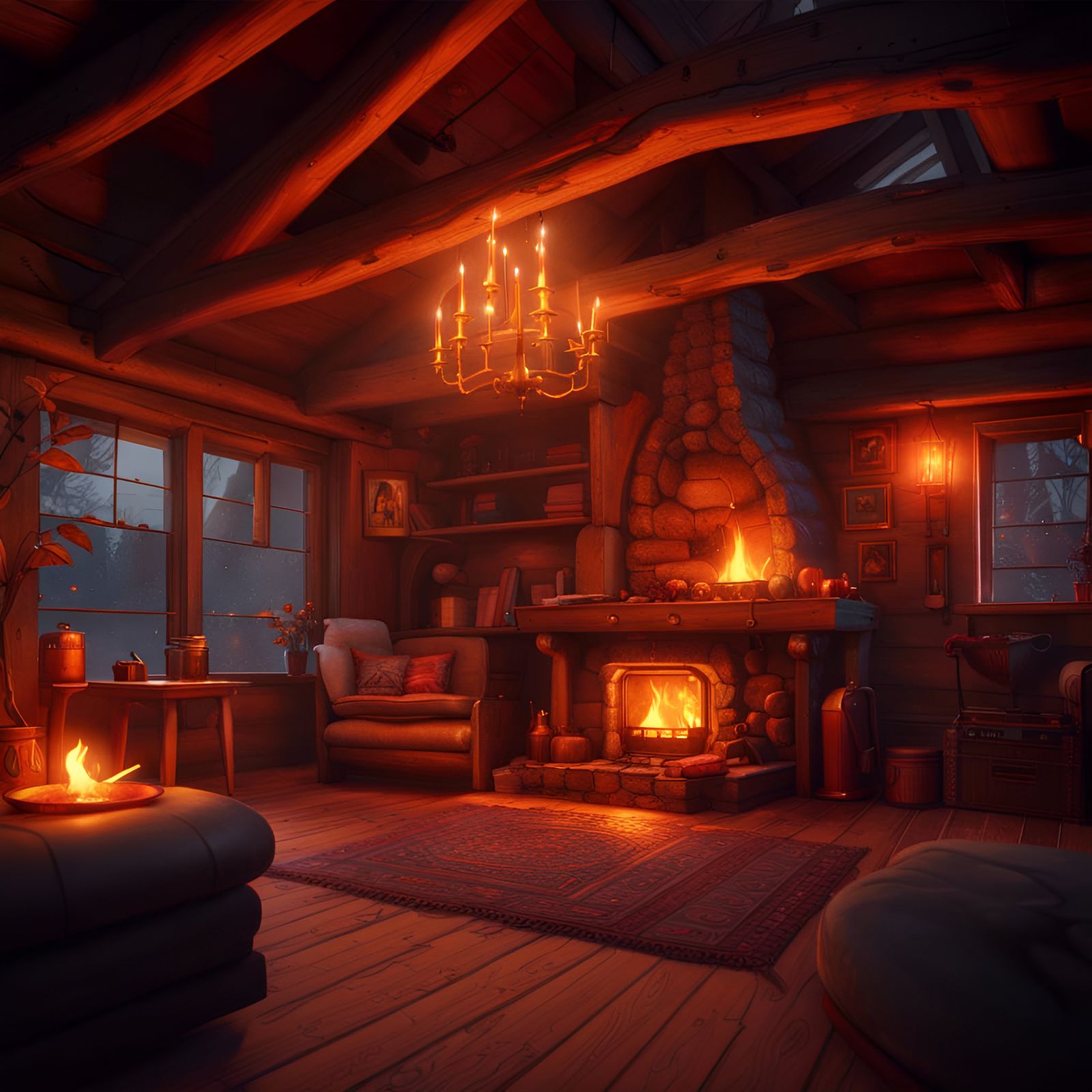 Cozy Cabin with Fireplace in Detailed Digital Art