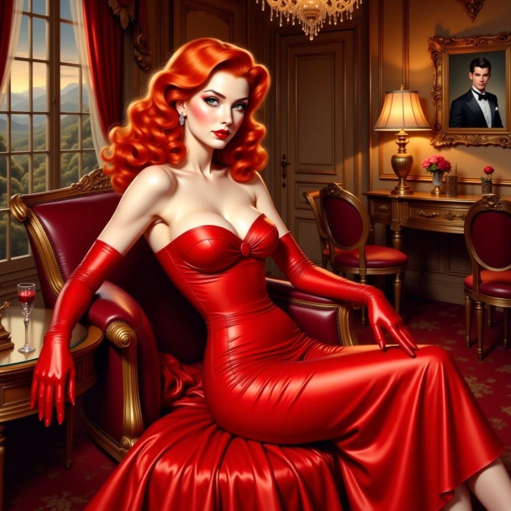 Flame-Haired Pinup in Red Gown, Vintage Glamour