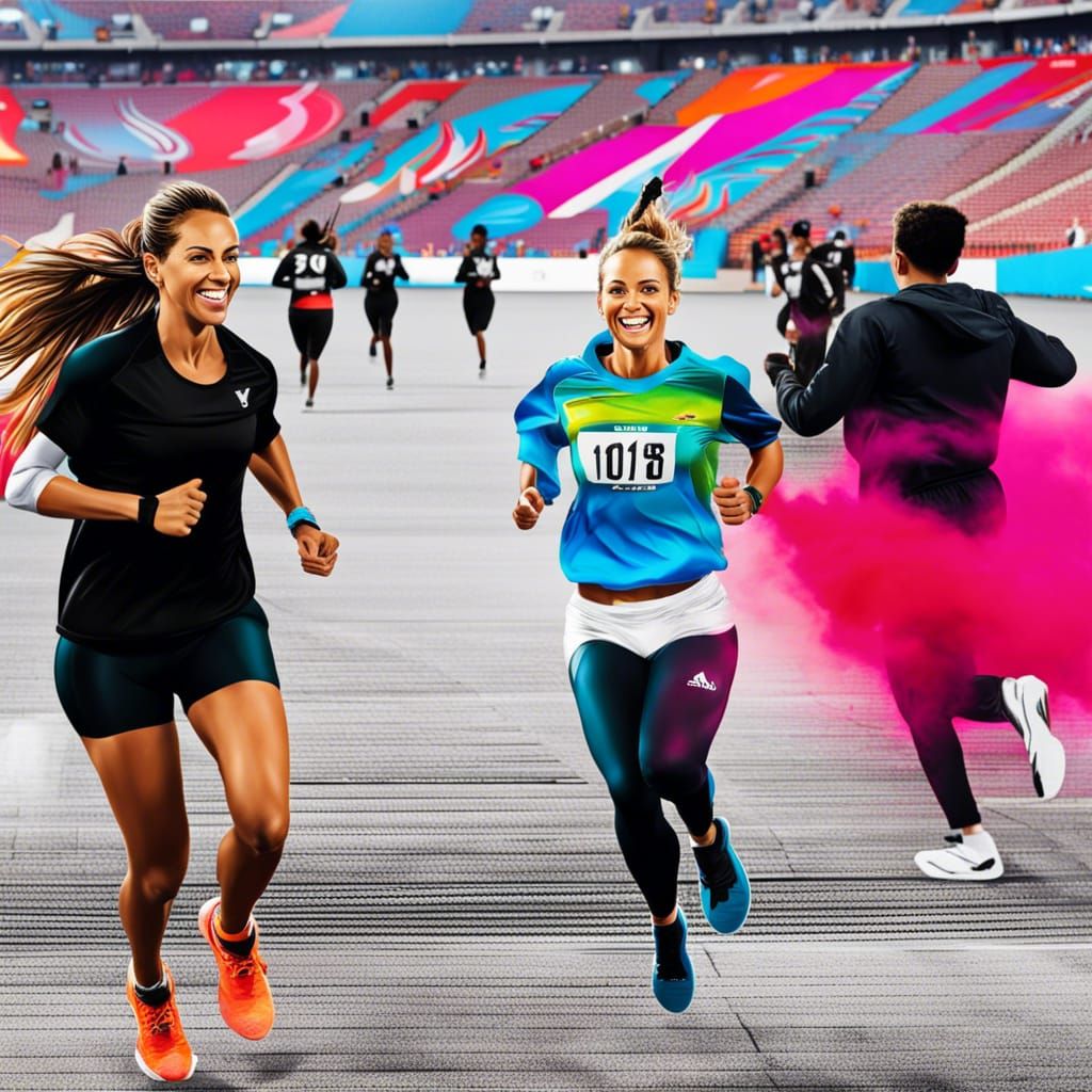 Sportswoman Runs in Olympic Stadium Graffiti Art