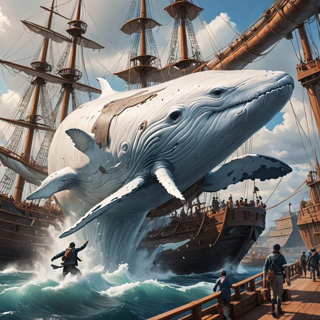 Giant White Whale Leaps Over Whaling Ship: 3D Anime Art