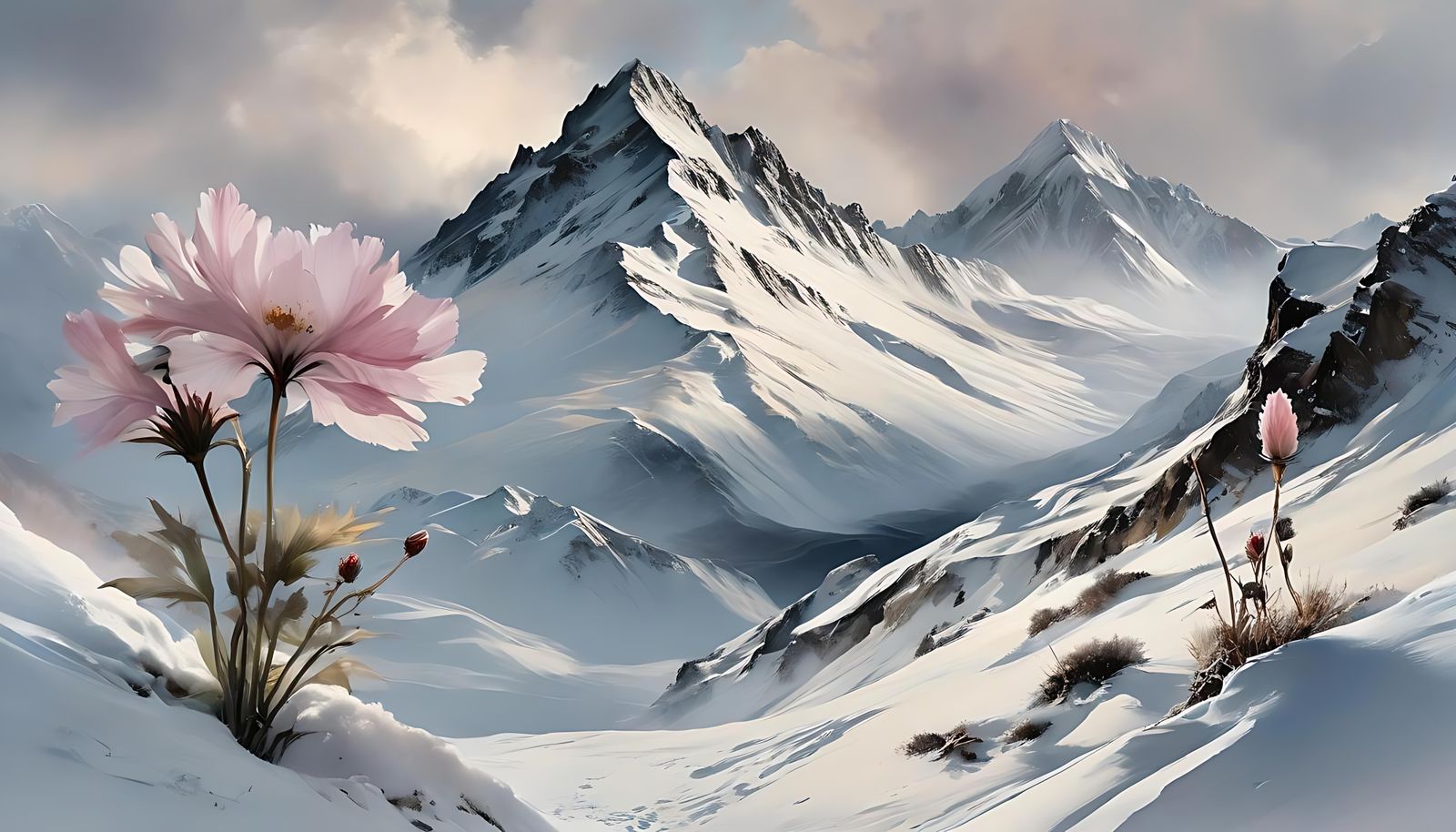 Dreamy Snowy Mountainscape with Lone Flower