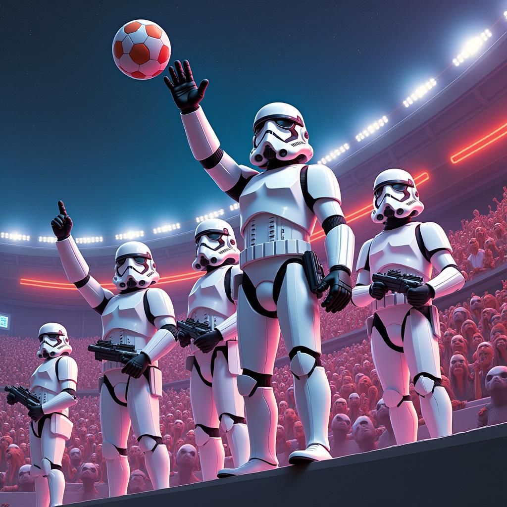 Stormtroopers Celebrate Soccer Victory in Galactic Stadium