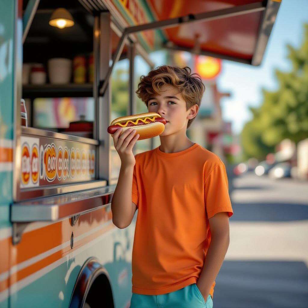 Teen Boy Enjoys Hot Dog at San Jose Food Truck