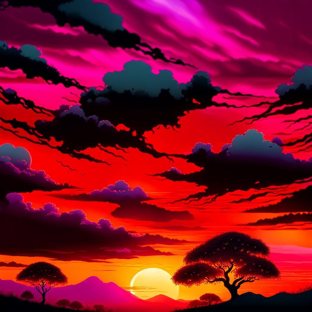 Japanese Cherry Trees at Sunset in Art Nouveau Style