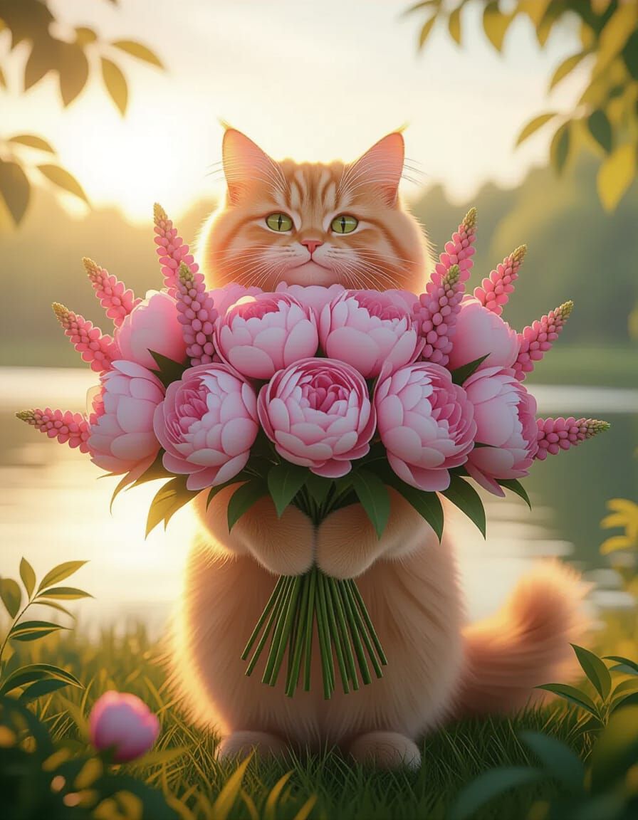 Red Cat with Peonies in Summer Park, 3D Render