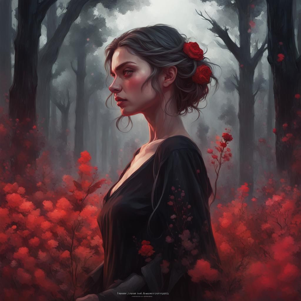 Ethereal Girl Portrait with Red Flowers in Forest