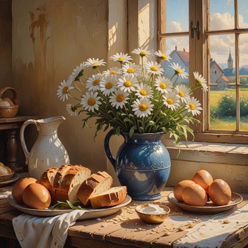Rustic Still Life: Daisies in Clay Jug with Bread