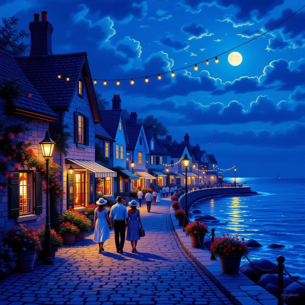 Hyperrealistic Seaside Village at Night