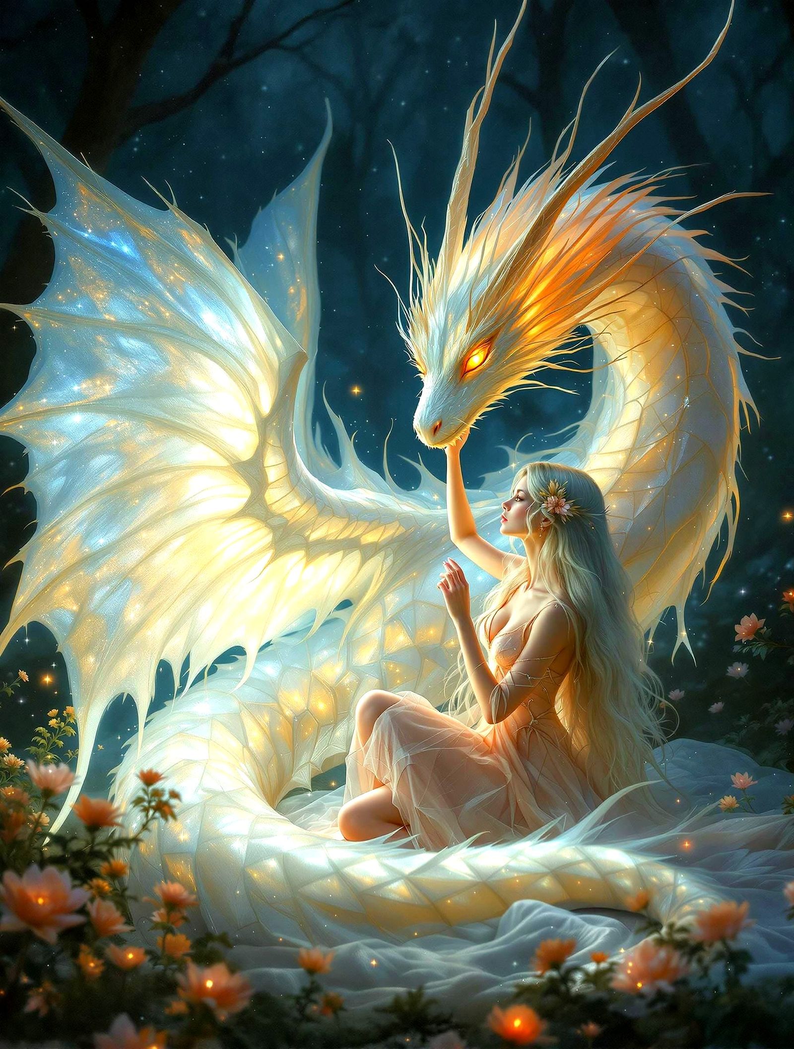 Ethereal Goddess in Pale Pink Attire with Dragon Companion