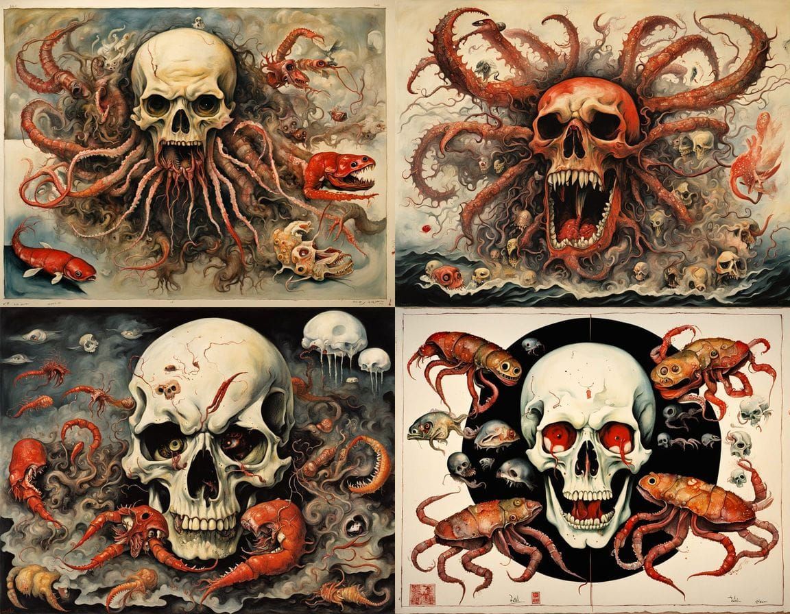 Surreal Japanese Horror Scene in Grotesque Art Style