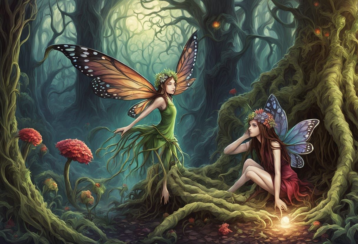Root Fairy Offers Glowing Flower in Dark Fantasy Art