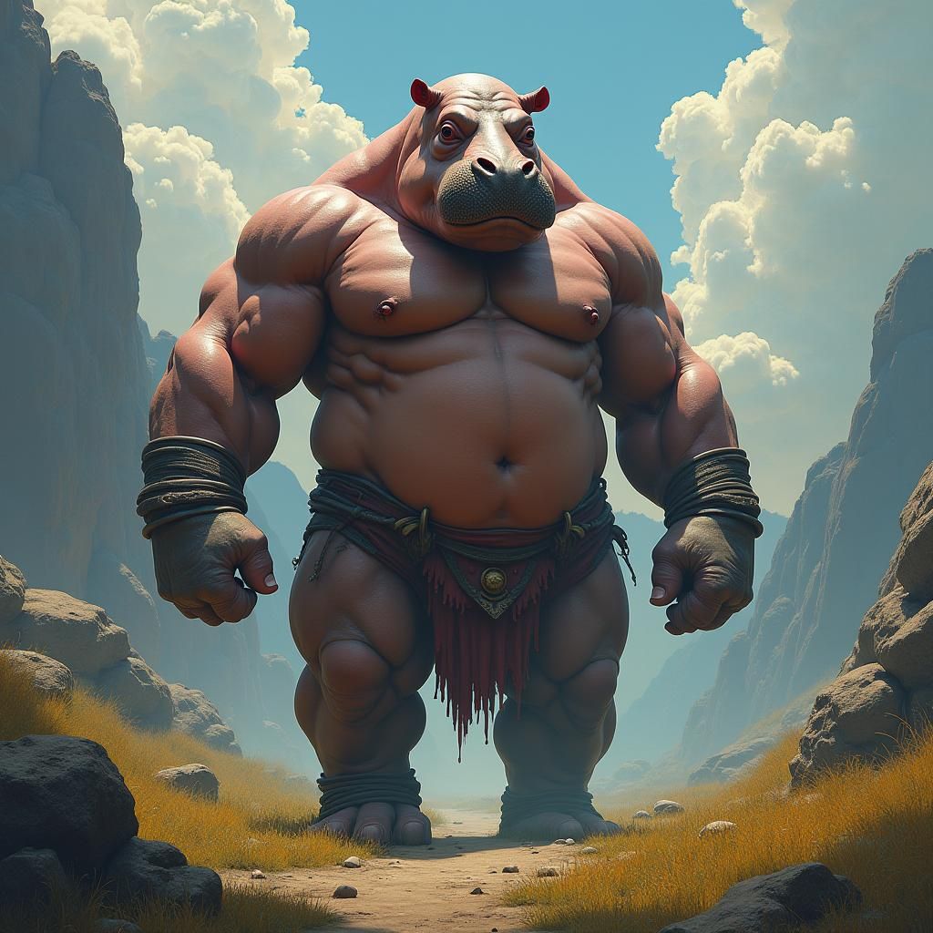 Muscular Hippo in Dreamlike Fantasy Landscape