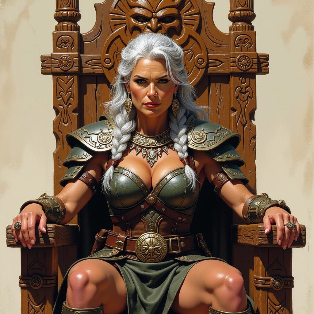 Amazon Warrior Queen on Throne in Gritty Realism