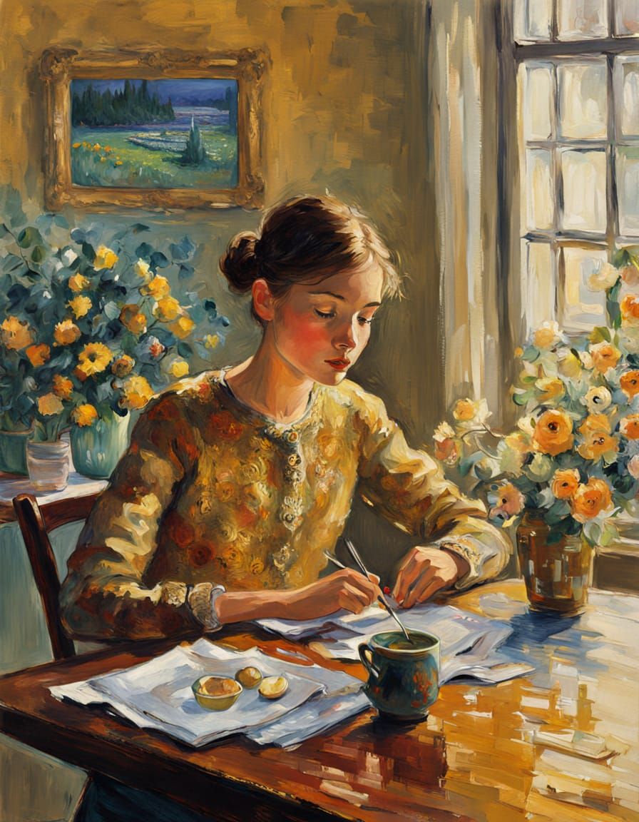 Impressionist Masterpiece: Young Girl in Cozy Domestic Setti...