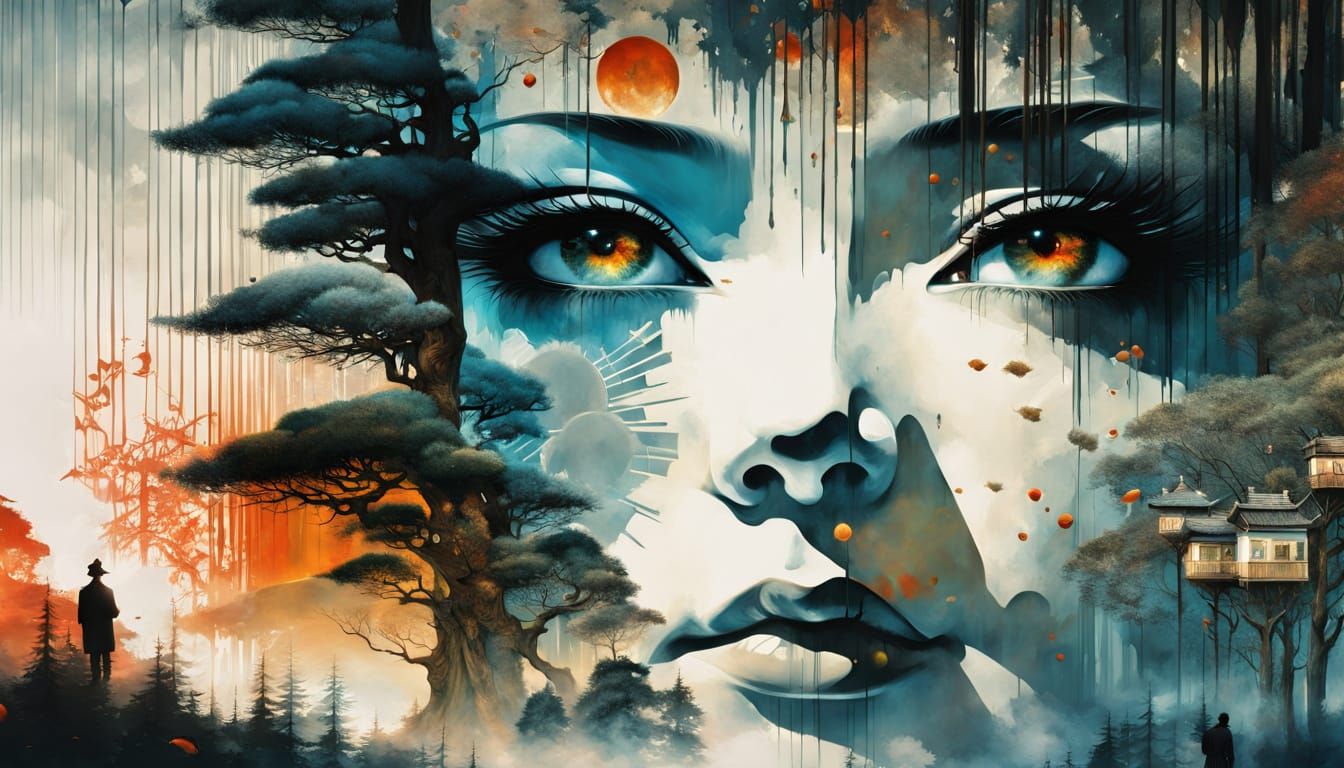 Gay Man Gazes at Cosmic Sun in Surreal Forest