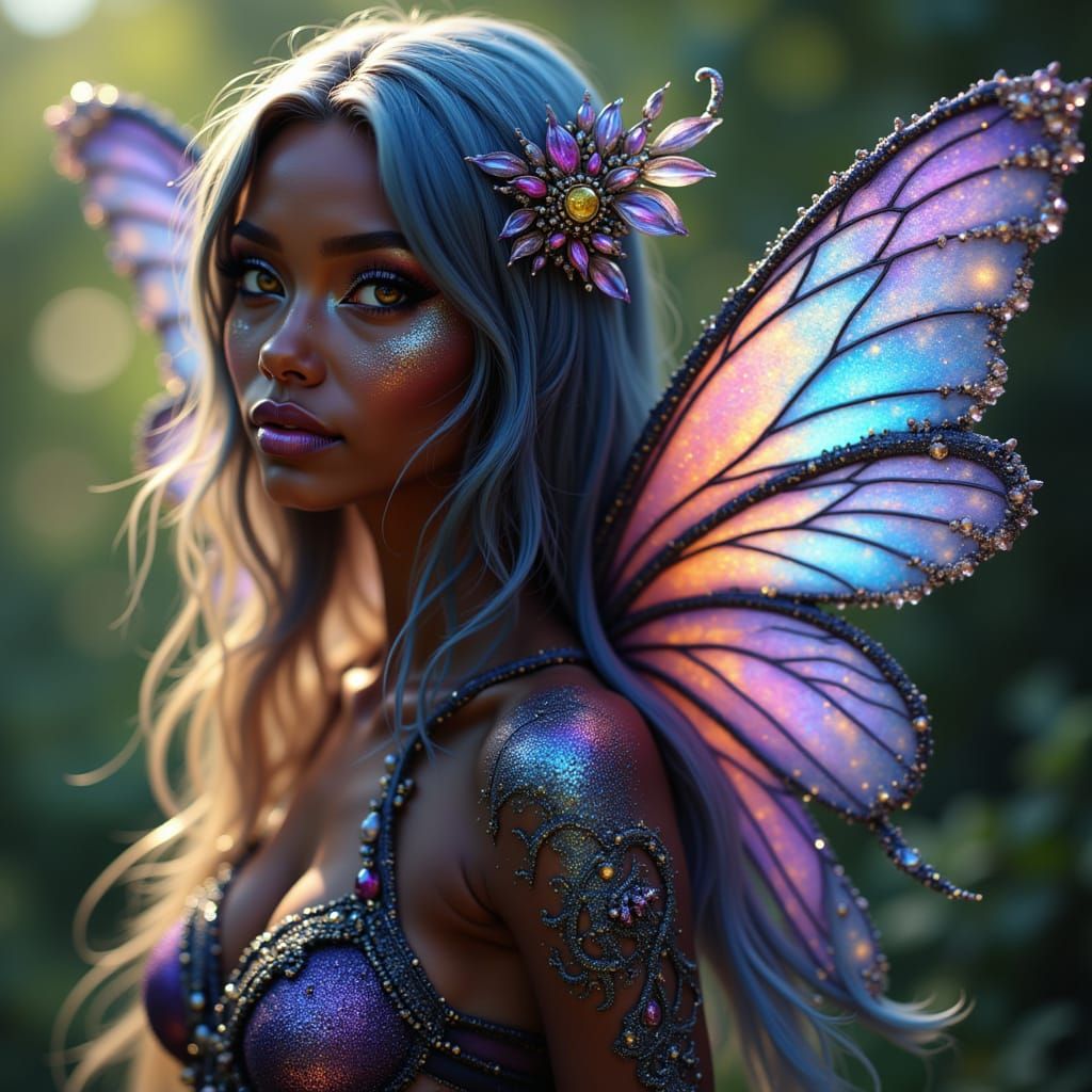 Shimmering Dark-Skinned Fairy with Prismatic Wings