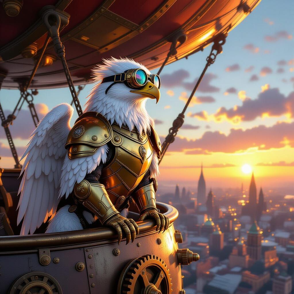 Steampunk Griffin on Airship Over Cityscape